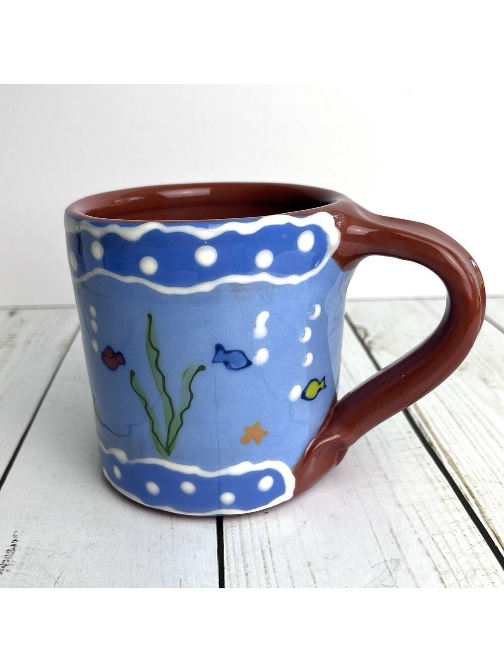 Studio Pottery Glazed Mug Cup Ocean Fish Blue Signed Fired Up Whimsical 3.75"T